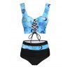 Tummy Control Swimsuit Lace Up Sun Moon Print Push Up Ruched High Waist Summer Tankini Swimwear - LIGHT BLUE XL