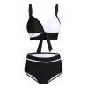 Monochrome Swimsuit Bowknot V Neck Padded High Waist Strap Summer Tankini Swimwear - BLACK XXL