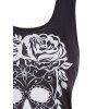 Summer Casual Gothic Tank Top Floral Skull Print O Ring Cinched Contrast Colorblock Top - BLACK XL