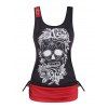 Summer Casual Gothic Tank Top Floral Skull Print O Ring Cinched Contrast Colorblock Top - BLACK XL