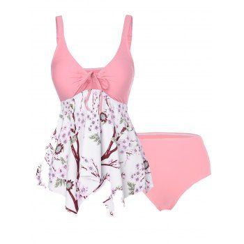 

Beach Tankini Swimsuit Floral Print Bathing Suit Cut Out Bowknot Asymmetrical Hem Summer Tummy Control Swimwear, Light pink