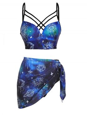 Underwire Three Piece Swimsuit Celestial Sun Moon Galaxy Print Crisscross Tankini Swimwear Set