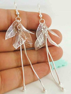 Vacation Silver Hollow Out Leaf Pendants Fringed Trendy Alloy Drop Earrings