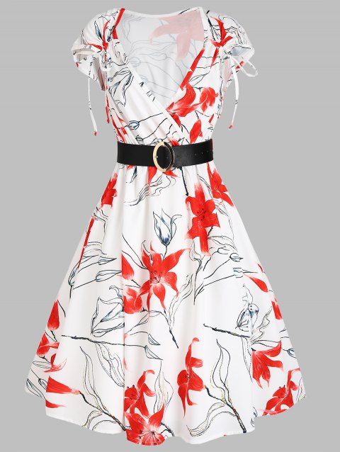 Vacation Casual A Line Knee Length Dress Floral Print Surplice Cinched Belted Plunging Summer Dress