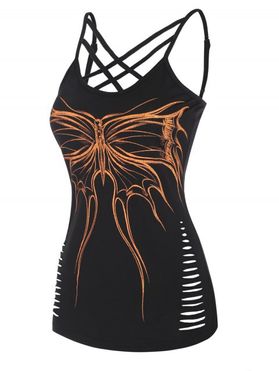 Contrast Butterfly Print Ripped Crisscross Lattice Strappy Casual Summer Tank Top