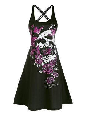 Halloween Dress Skull Rose Print Gothic Mini Dress Cross Back Cut-out Strap A Line Dress