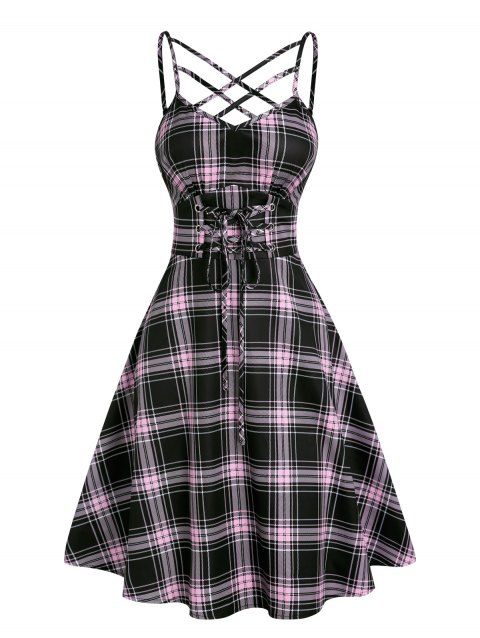 Plaid Print Casual A Line Mini Dress Lace Up Lattice Strap Empire Waist Summer Dress