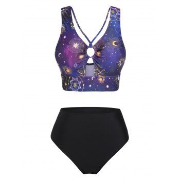 

Vintage Swimsuit Sun Moon Star Print Cut Out O Ring High Waist Summer Bikini Swimwear, Black