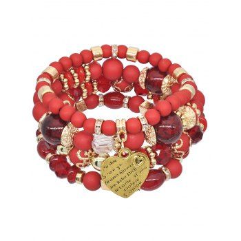 

4 Pcs Bohemian Trendy Colorful Beaded Crystal Heart Pendant Layered Bracelets, Red