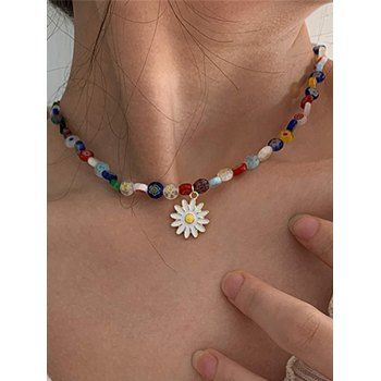 

Beach Colorful Beaded Daisy Pendant Trendy Necklace, Multicolor