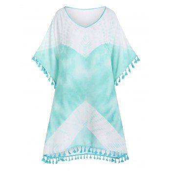 

Tie Dye Tassel Poncho Cover Up, Light blue