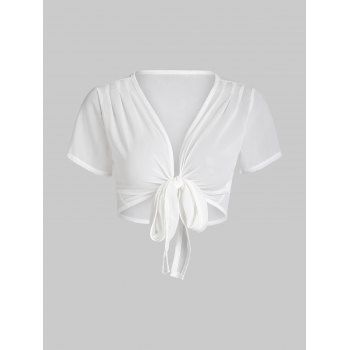 

Mesh Sheer T Shirt Tie Front Solid Color Short Sleeve Summer Cropped Tee, White