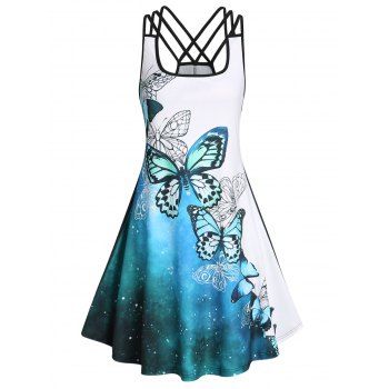 

Butterfly Print Colorblock Dress Casual Lattice Strappy Dress Sleeveless A Line Dress, Light green