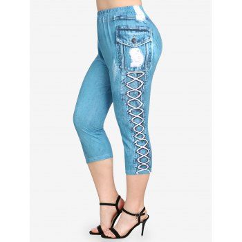 

Plus Size High Waist 3D Denim Print Leggings, Blue