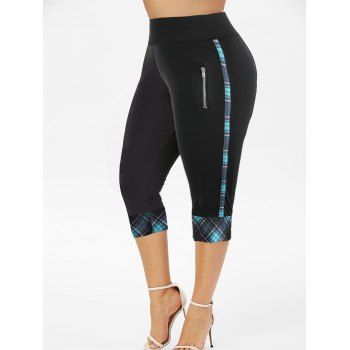 

Plus Size Plaid Pattern Capri Leggings Wide High Waist Zipper Detail Curve Cropped Leggings, Black