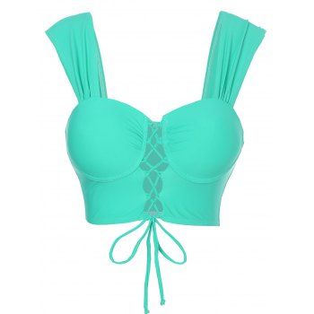 

Bright Color Underwire Bikini Top Lace Up Cut Out Plain Swim Top, Green