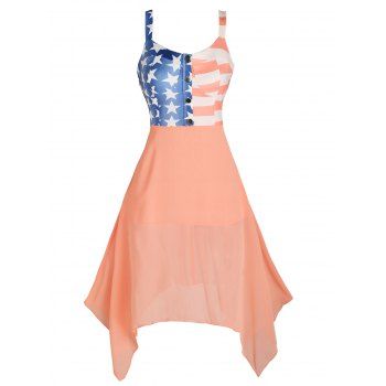 

American Flag Print A Line Sundress Chiffon Asymmetrical Handkerchief Cami Dress, Light orange