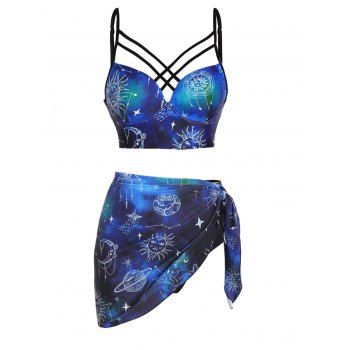 

Underwire Three Piece Swimsuit Celestial Sun Moon Galaxy Print Crisscross Tankini Swimwear Set, Blue