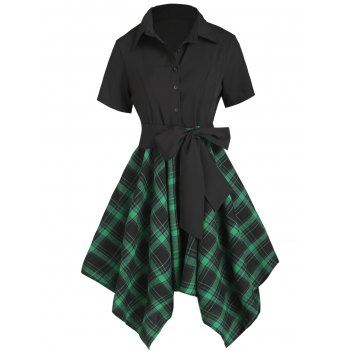 

Asymmetrical Plaid Print A Line Mini Dress Short Sleeve Button Down Bowknot Belted Handkerchief Dress, Deep green