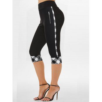

Plaid Panel Capri Leggings Wide High Waist Zipper Detail Cropped Leggings, Black