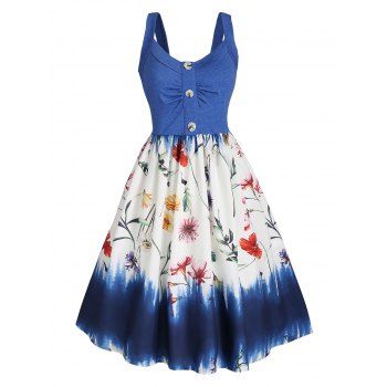 

Vacation Flower Print A Line Sundress Cottagecore Mock Button Painting Print Cami Dress, Blue
