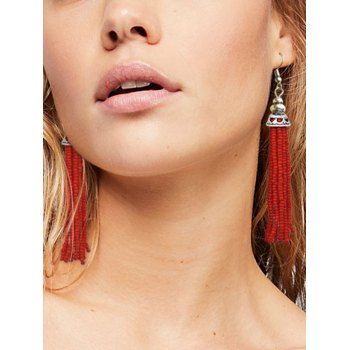 

Vacation Ethnic Style Beaded Tassel Long Drop Earrings, Red