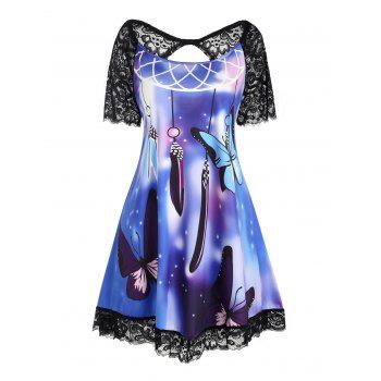 

Plus Size T Shirt Galaxy Butterfly Feather Print T Shirt Cut Out Lace Panel Tee, Purple
