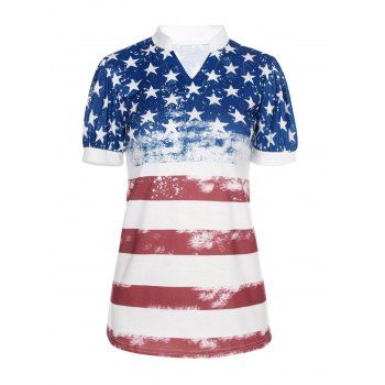 

American Flag Casual T Shirt Puff Sleeve Star Striped Print Summer Tee, Multicolor