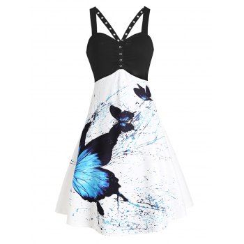 Gothic A Line Cami Dress Butterfly Splatter Painting Print Grommet Contrast Dress