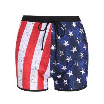 

American Flag Pattern Swimsuit Boyshorts Star Striped Drawstring High Waist Tankini Bottom, Black