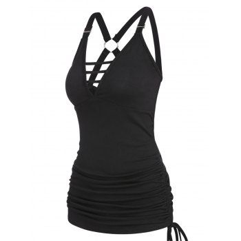 

O Ring Cinched Ruched Tie Tank Top, Black