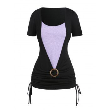 

Plus Size T Shirt O Ring Cinhced Ruched Contrast Colorblock Faux Twinset Tee, Black