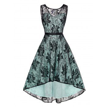 Vacation Floral Lace Overlay Midi Summer Dress Sleeveless High Waist High Low Dress, Light green