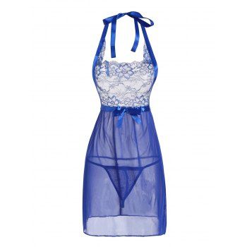 

Sheer Lingerie Dress Mesh Floral Leaf Lace Panel Bowknot Scalloped Open Back Halter Dress, Blue