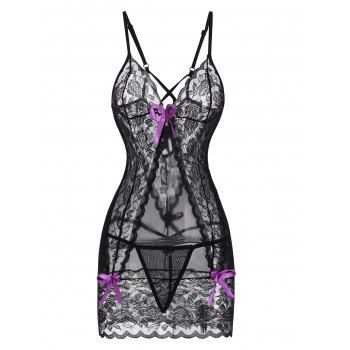 

Sheer Lingerie Dress Rose Lace Panel Scalloped Bowknot Cut Out Bodycon Dress, Black