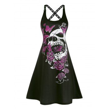 

Halloween Dress Skull Rose Print Gothic Mini Dress Cross Back Cut-out Strap A Line Dress, Black