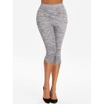 

Space Dye Capri Leggings Crisscross Mock Button Elastic High Waist Summer Casual Skinny Leggings, Light gray