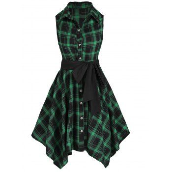 

Vintage Plaid Mini Shirt Dress Asymmetrical Sleeveless Belted Casual Handkerchief Dress, Deep green