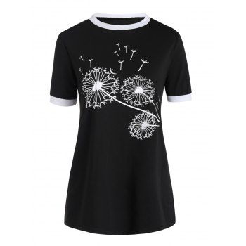

Casual Dandelion Print T Shirt Short Sleeve Round Neck Ringer Summer Tee, Black