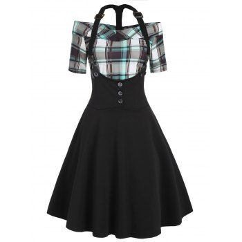 

Plaid Print Off The Shoulder Top And Racerback A Line Suspender Skirt Two Piece Set, Black