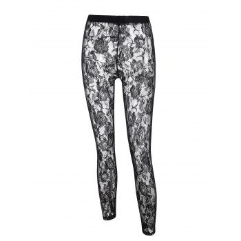 

See Thru Rose Flower Lace High Rise Skinny Elastic Waist Leggings, Black