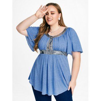 

Plus Size & Curve Raglan Sleeve Sequin Cutout Tee, Light blue