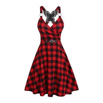 

Summer A Line Dress Plaid Dress Butterfly Lace Surplice O Ring Dress, Red