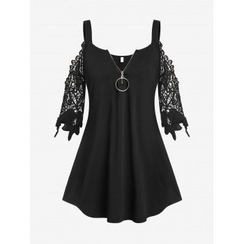 

Plus Size Cold Shoulder Lace Sleeve Tee, Black