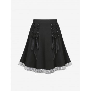 

Plus Size Sequins Lace Up A Line Skirt, Black