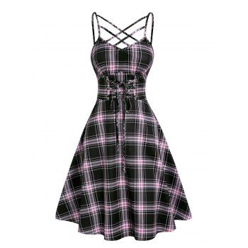 

Plaid Print Casual A Line Mini Dress Lace Up Lattice Strap Empire Waist Summer Dress, Light pink