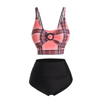

Plus Size Tummy Control Plaid Print Swimsuit O Ring High Waist Mix and Match Summer Tankini Swimsuit, Multicolor