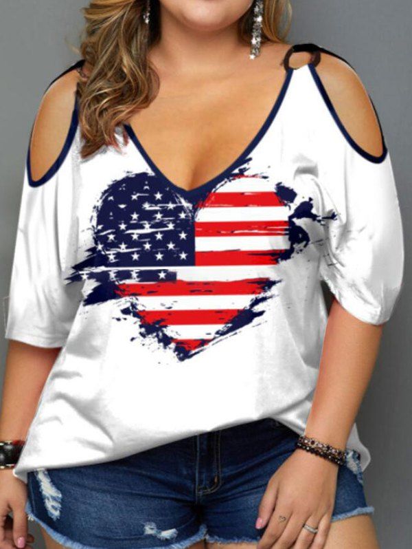 Plus Size Summer Patriotic T Shirt American Flag Striped Heart Pattern Cold Shoulder V Neck Tee - WHITE L
