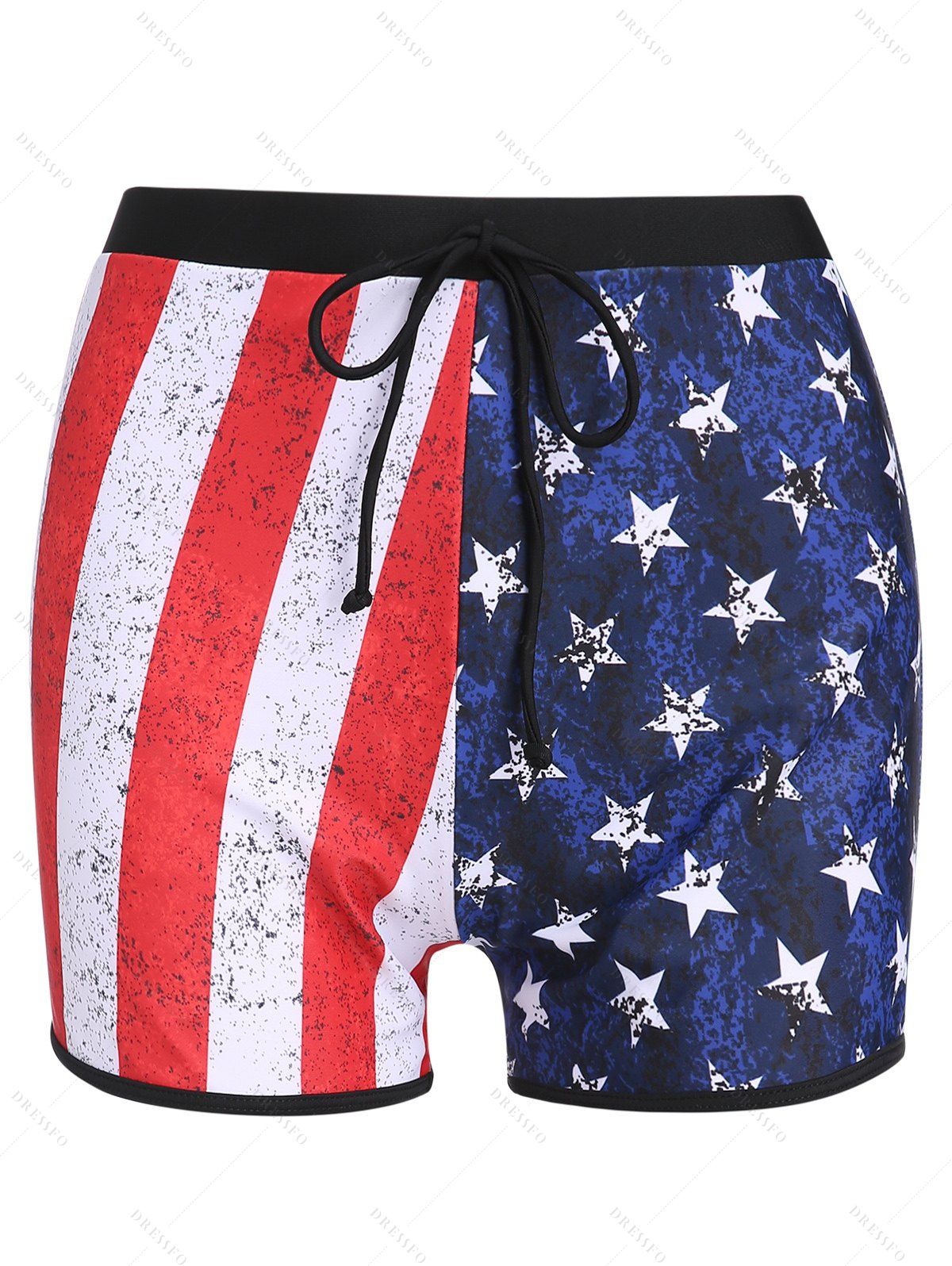 American Flag Pattern Swimsuit Boyshorts Star Striped Drawstring High Waist Tankini Bottom - BLACK M