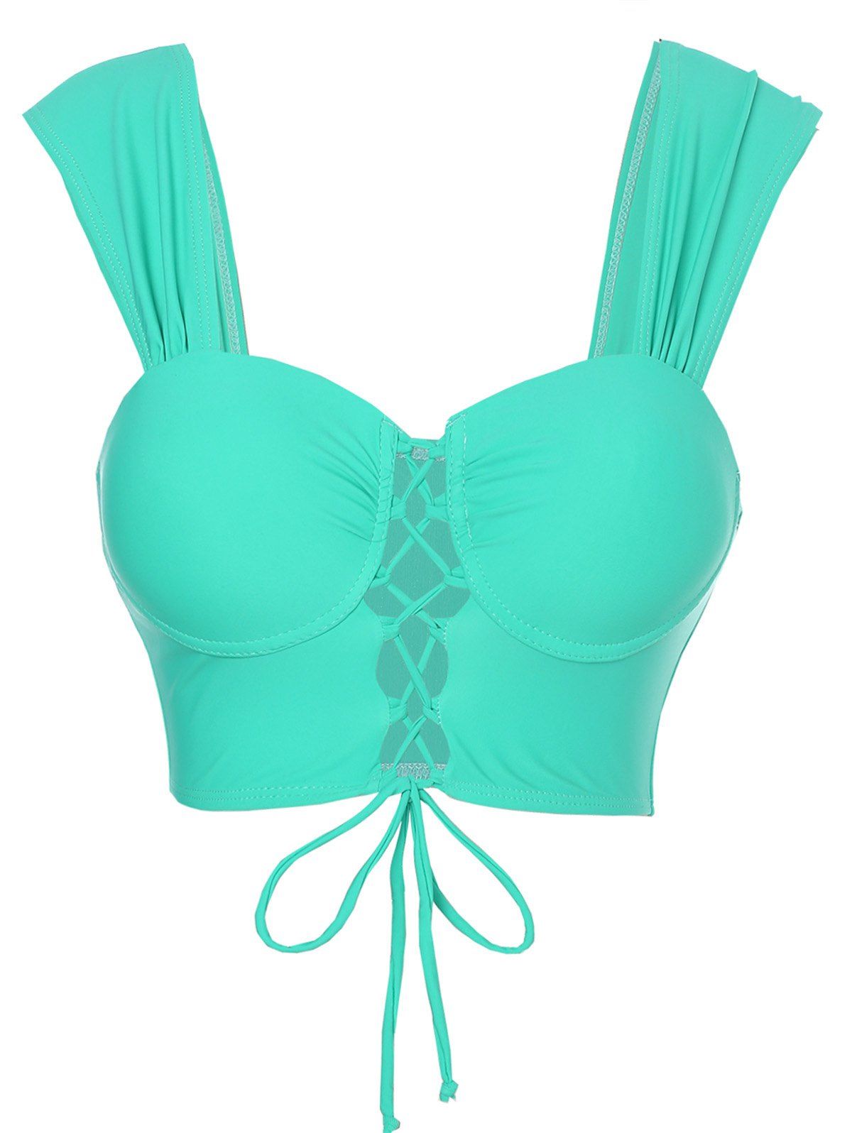 Bright Color Underwire Bikini Top Lace Up Cut Out Plain Swim Top - GREEN XL